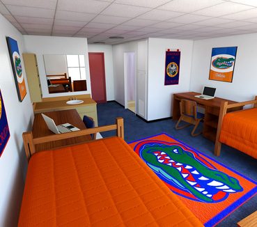 Image of campus dorm with Gator decorations