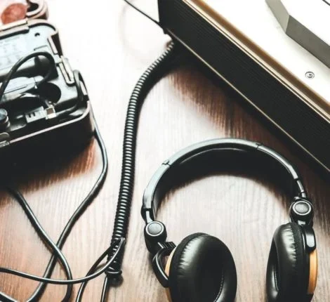 A headset sits on a table next to a tape recorder and listening device.