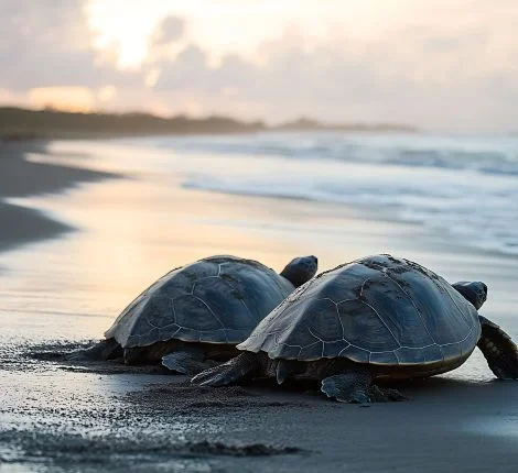 Two turtles along the beach at sunrise.