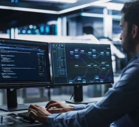 A man sits at a dual computer monitor.