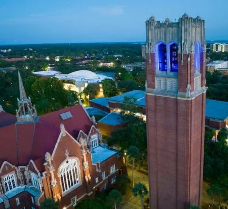 An aerial shot of UF's campus at dusk.