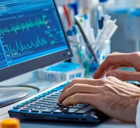 Someone's hands type along a keyboard in front of a computer monitor.
