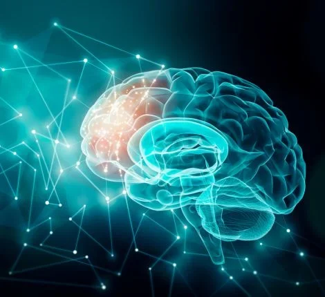 A stock image of a blue CGI brain.