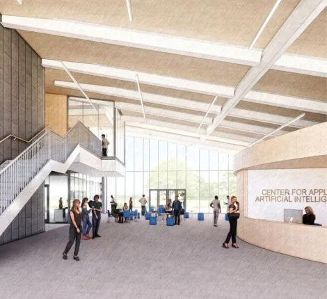 new AI center A virtual rendering of the inside of the new AI center with students walking around