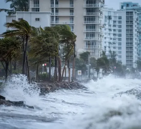 waves and wind crashing into palm trees