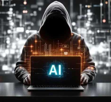 An AI image of a menacing hacker lurking over a laptop with a digitized backdrop